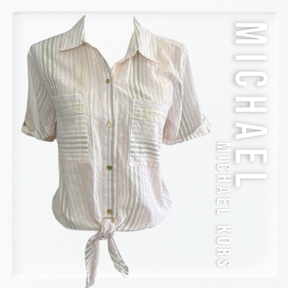 Michael Kors Dusty Coral Metallic Stripe Button Down Top sz L - Picture 1 of 15
